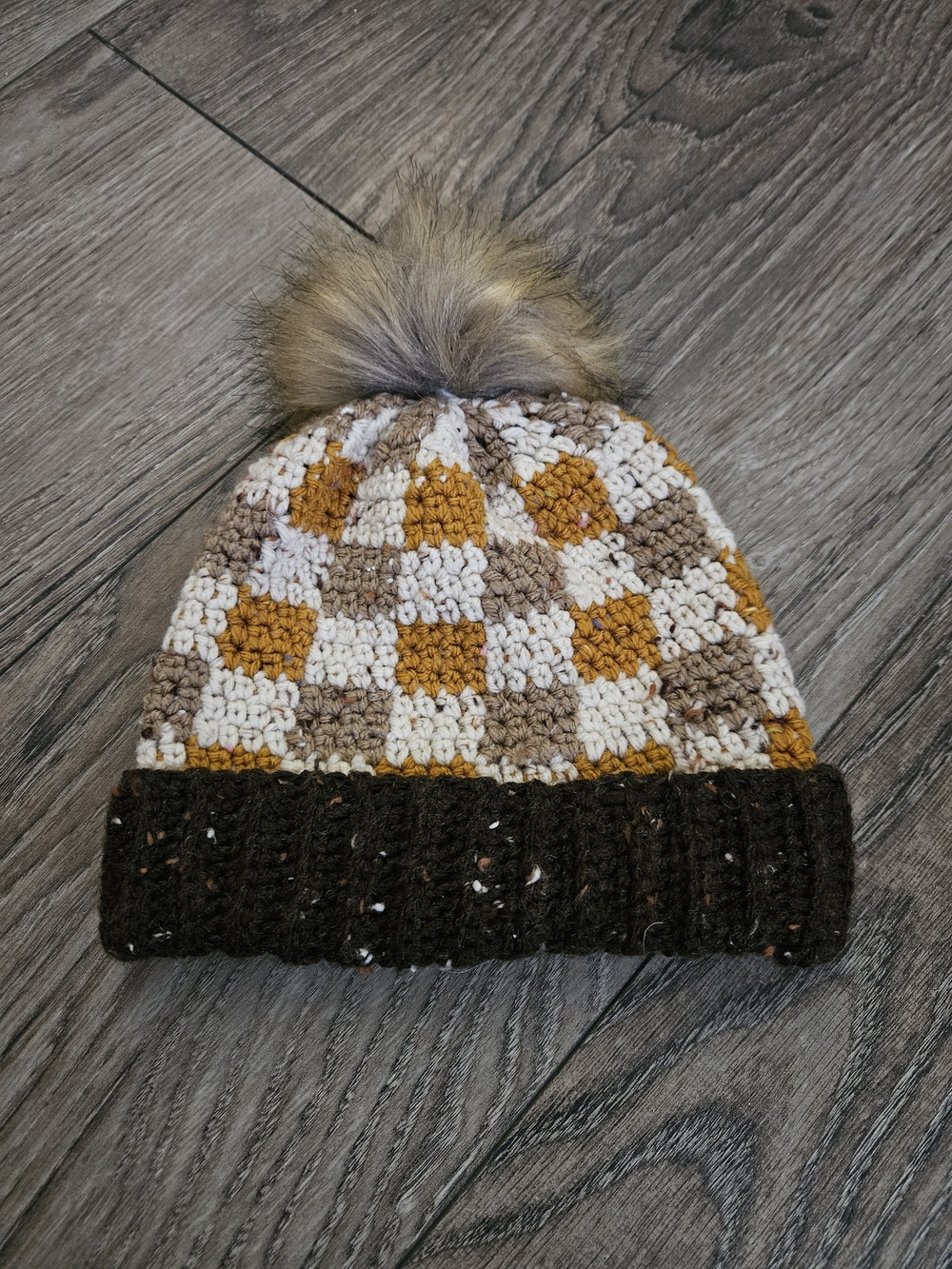 Handmade Checkered Pom Beanie - Mustard, Cream & Taupe with Dark Brown Cuff